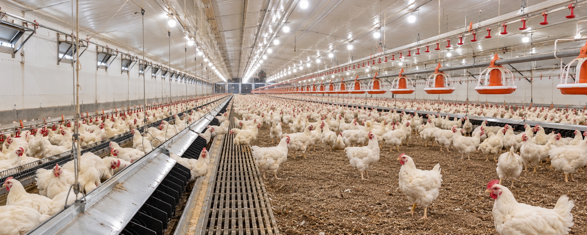 A representative modern commercial poultry barn with automated feeding and watering lines